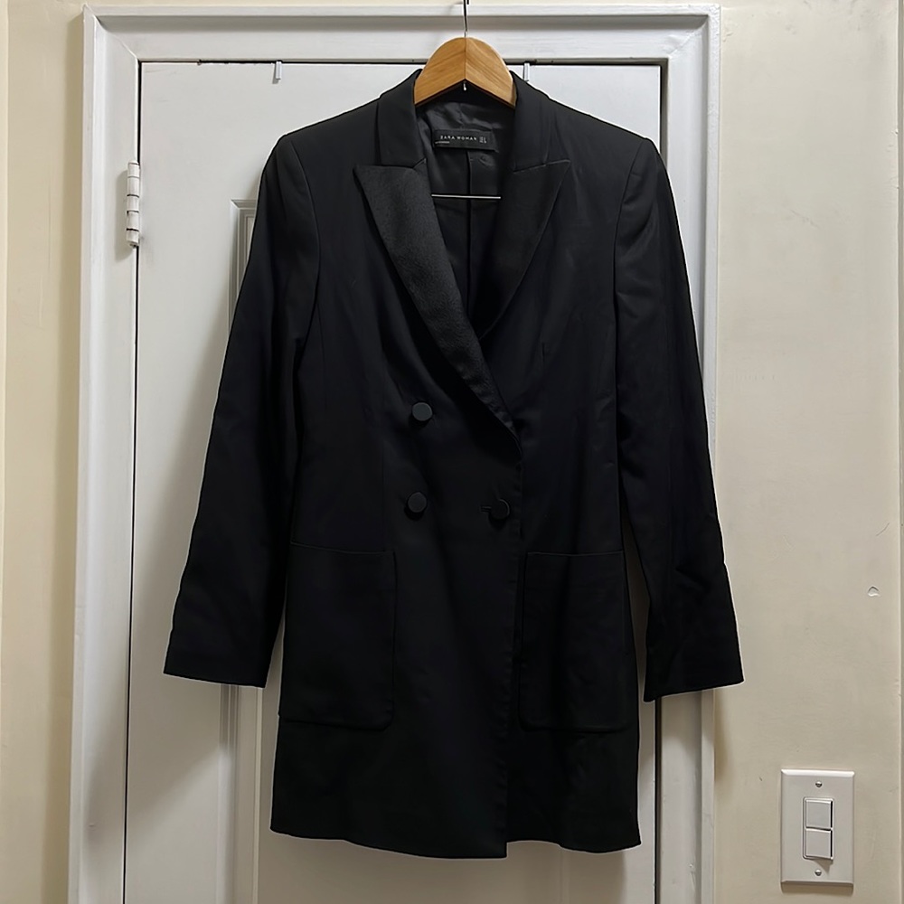 Zara long linen type tuxedo jacket or mini dress satin lapels